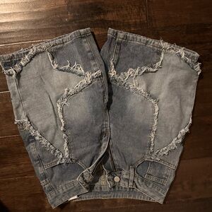 Blue Distressed Jean Shorts with Frayed Hem